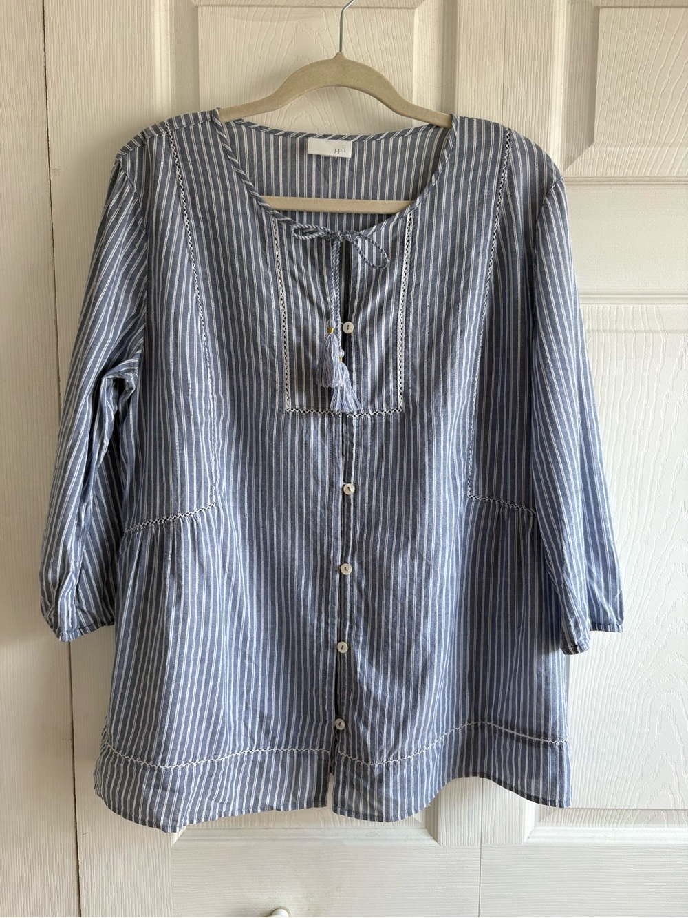 J.Jill White Blue Stripe Balloon Blouse XL Boho Peasant Cottage Button Tassel